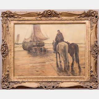 J. Polar (19th Century) Coastal Scene with Figures, Oil on paper,