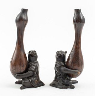Japanese Meiji Style Bronze Animal Bud Vases, Pair
