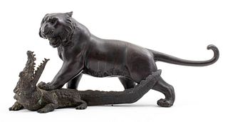 Japanese Meiji Bronze Tiger & Crocodile Sculpture