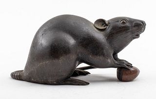 Japanese Meiji Bronze Rat with Chestnut Sculpture