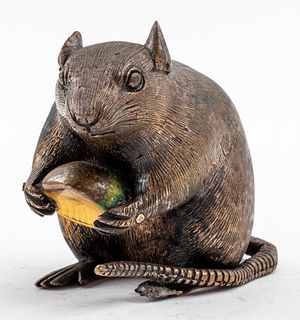 Japanese Meiji Gilt Bronze Rat w/ Chestnut Statue