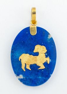 Vintage 18K Gold Lapis Aries Zodiac Pendant