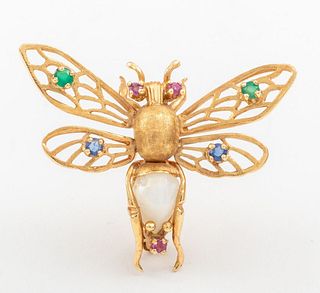 14K Yellow Gold & Gemstone Flying Insect Brooch
