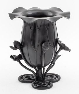 Japanese Meiji Black Bronze Lotus Vase