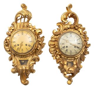 Swedish Rococo Style Giltwood Cartel Clocks, Pr.