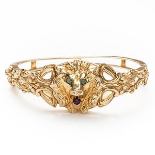 Antique 14k yellow gold, Turquoise and Amethyst bangle bracelet