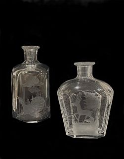 Two Kjellander Swedish Etched Art Glass Bottle