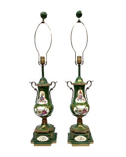 Pair of Hand Painted Sevres Style Porcelain Lamps