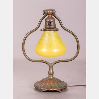 A Tiffany Studios Patinated Bronze Harp Table Lamp, 20th Century,