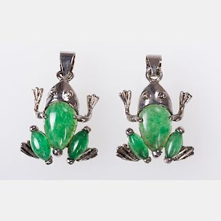 A Pair of Silver Plated and Jade Frog Form Pendants.