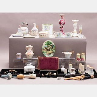 A Miscellaneous Collection of Victorian Hat Pins, Porcelain Pin Holders and Decorative Items, 19th Century.