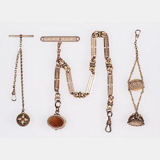 A Group of Three Low Karat Gold Plated Watch Chains and Fobs, 20th Century.