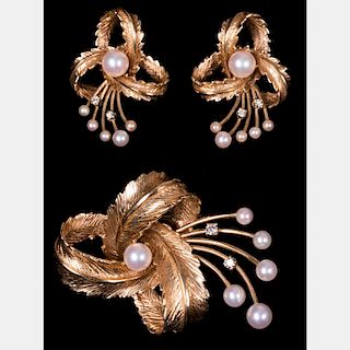 A 14kt. Yellow Gold, Diamond and Pearl Brooch,