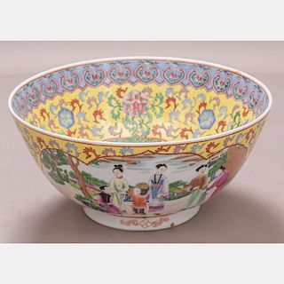 A Chinese Yellow Famille Rose Porcelain Bowl, 20th Century,
