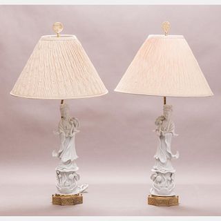 A Pair of Chinese Blanc de Chine Figures of Guanyin mounted as Table Lamps, 20th Century.