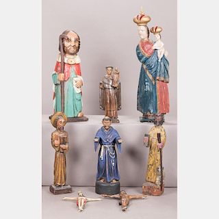 A Miscellaneous Collection of Eight Carved and Painted Wood Religious Figures, 20th Century.