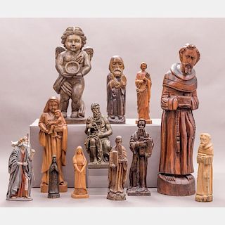 A Miscellaneous Collection of Twelve Carved Wood and Plaster Religious Figures, 20th Century.