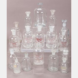 A Collection of Eighteen Glass Stoppered Chemical Reagent Bottles, 20th Century,