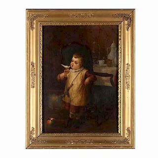 German School Genre Painting of a Young Boy with Bird & Toys 