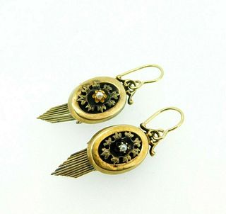 14k Gold Victorian Earrings With Applied Leaves and Fringe 