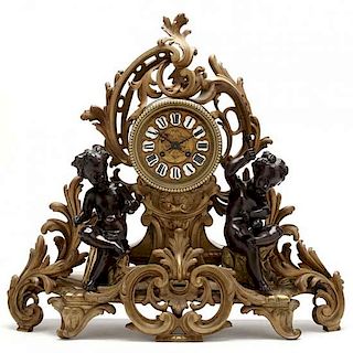 French Patinated and Gilt Bronze Figural Mantel Clock 