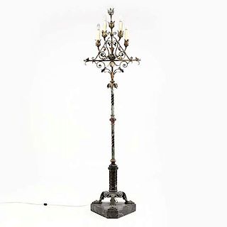 Vintage Spanish Iron and Marble Torchiere Lamp 