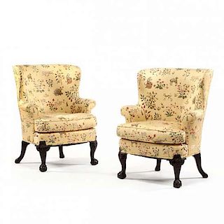 Pair of George II Carved Barrel Back Upholstered Wing Armchairs 