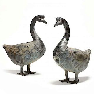 Pair of Large Chinese Cast Bronze Geese 