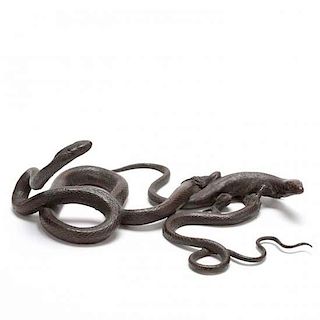 Meiji Period Bronze Snake and Lizard Okimono 