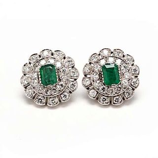 Platinum, Diamond, and Emerald Earrings 