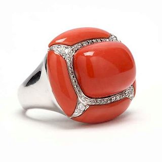18KT White Gold, Coral and Diamond Ring 