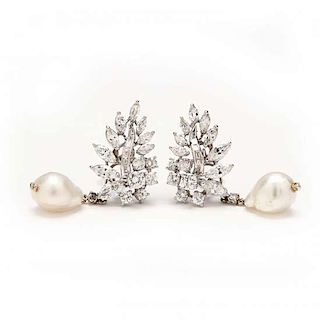Vintage 14KT White Gold, Diamond and Pearl Drop Convertible Earrings 