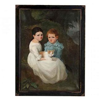 American School Portrait of Two Children with a Cat 
