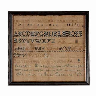 Needlework Sampler Instructed by Lavinia Colby, dated 1819, Bradford, Vermont  