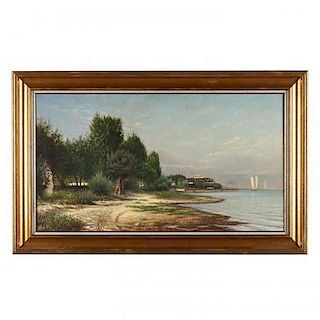 Antique Painting of a Lake Side Grand Hotel 