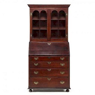 American Chippendale Transitional Inlaid Secretaire Bookcase 