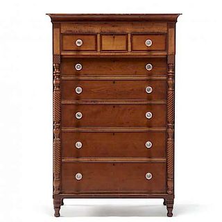 Late Federal Tiger Maple & Cherry Tall Chest of Drawers 
