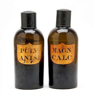 A Pair of Dark Amber Apothecary Bottles 