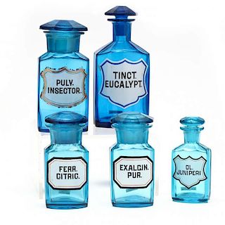 Five Turquoise Blue Drug Bottles 