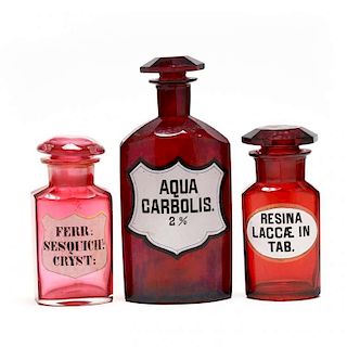 Three Ruby Red Glass Apothecary Bottles 