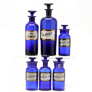 Group of Six Cobalt Apothecary Bottles 
