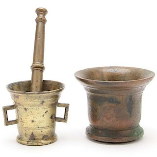Two Signed Brass Mortars with Pestle 