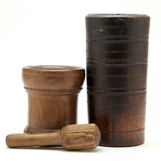 Two Wooden Mortars and a Wooden Pestle 