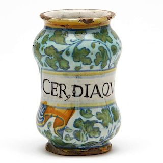 An Albarello Drug Jar, Polychrome Painted 