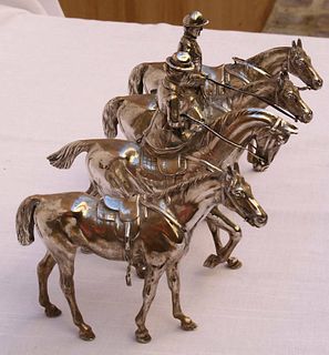 MAGNIFICENT 4P SET OF 1900 GERMAN STERLING SILVER HORSE RIDERS & HORSES