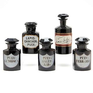 Group of Five Black Hyalite Apothecary Bottles 