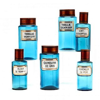 Assembled Set of Six French Turquoise Glass Apothecary Bottles 
