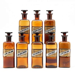 Set of Eight Amber Apothecary Bottles 