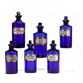 Set of Four Matching Cobalt Apothecary Bottles and Two Similar 
