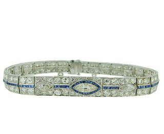 Platinum Art Deco 8.5ct Diamond Bracelet with Synthetic Sapphires 